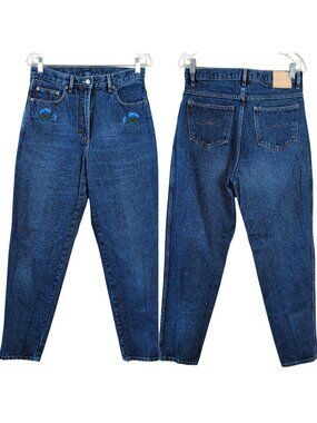 Vintage 90s Women's Jeans Sz 42 Sz 10 Blue Floral Embroidered High Rise Tapered